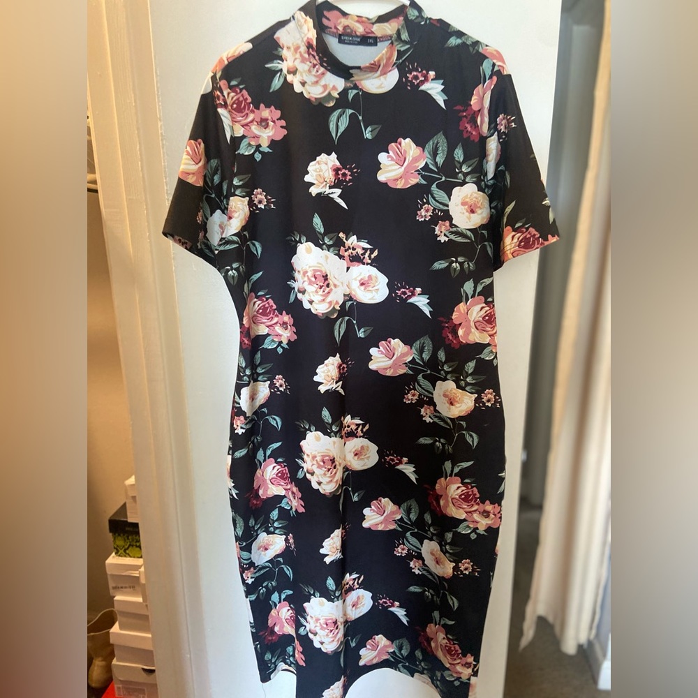 Plus Mock-Neck Floral Print Dress- Floral/Multicolor